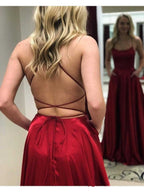 Charming Royal Blue Satin Spaghetti Straps Formal Prom Dresses With Side Slit