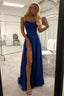 Charming Royal Blue Satin Spaghetti Straps Formal Prom Dresses With Side Slit