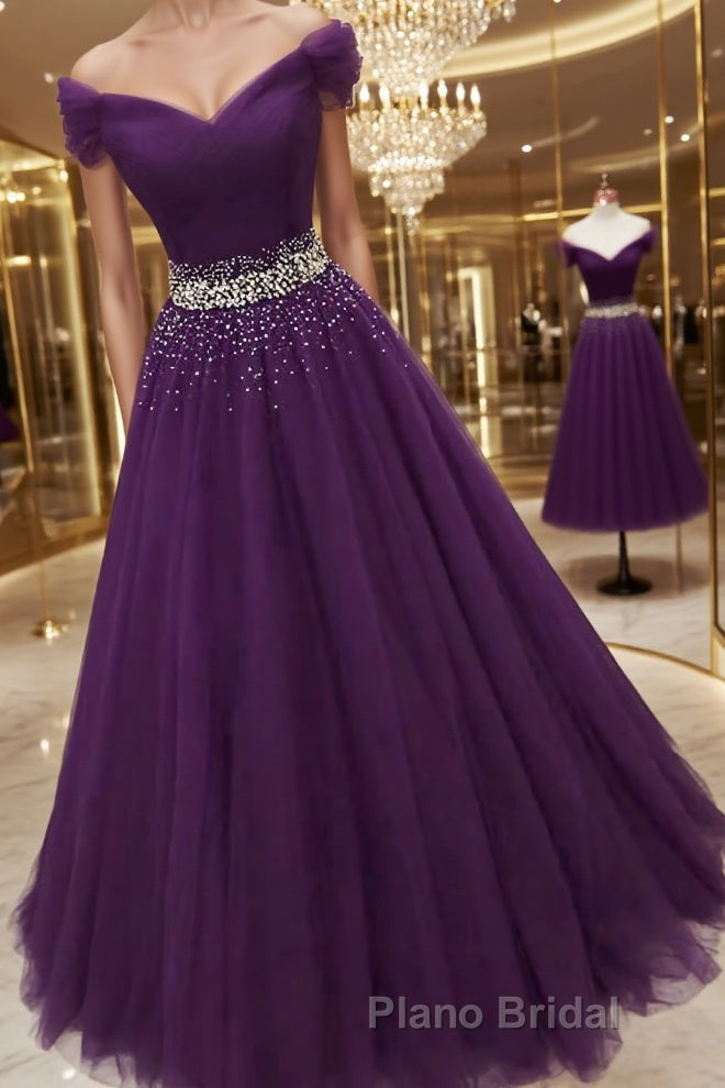 Charming Sequins Off Shoulder Dark Purple Long Formal Prom Dress, Off the Shoulder Dark Purple Formal Evening Dress Main image