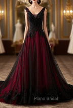 Charming Sleeveless Black and Red Lace Appliques Beaded Party Dresses, Low Back Formal Prom Dresses
