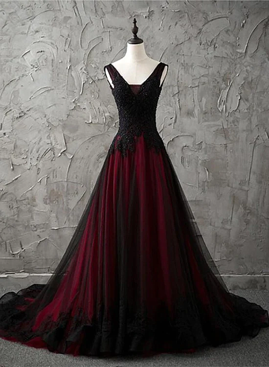 Charming Sleeveless Black And Red Lace Appliques Beaded Party Dresses, Low Back Formal Prom Dresses