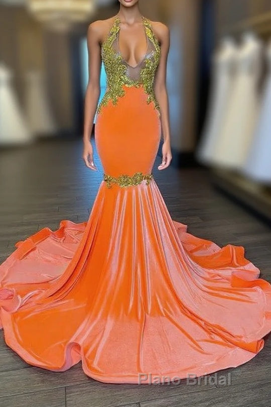 Charming Sleeveless Halter Backless Mermaid Formal Prom Dress With Gold Beading Main image