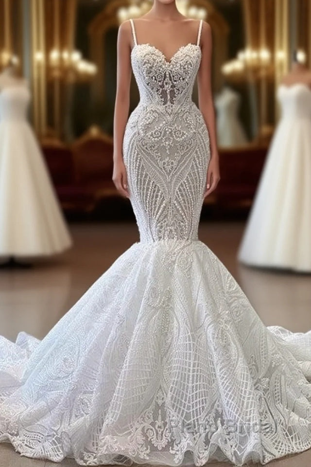 Charming Sleeveless Spaghetti Straps Mermaid Wedding Dress with Ruffles Main image
