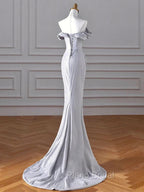Charming Sliver Mermaid Party Dresses, Sliver Off Shoulder Long Formal Prom Dresses With Leg Slit