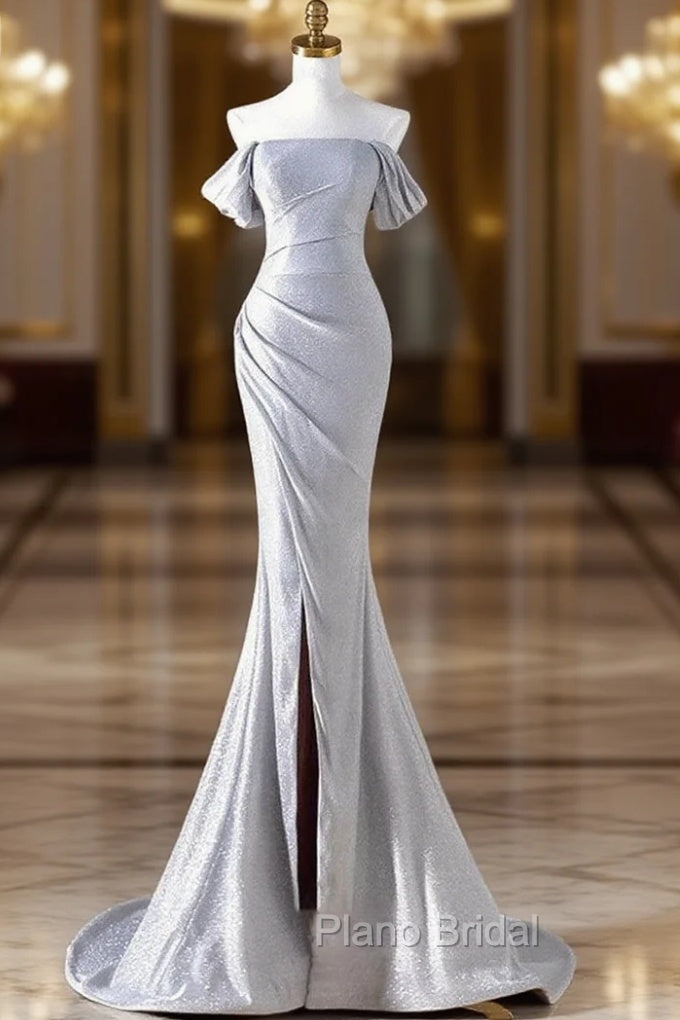 Charming Sliver Mermaid Party Dresses, Sliver Off Shoulder Long Formal Prom Dresses With Leg Slit Main image