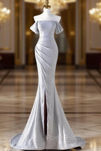 Charming Sliver Mermaid Party Dresses, Sliver Off Shoulder Long Formal Prom Dresses With Leg Slit