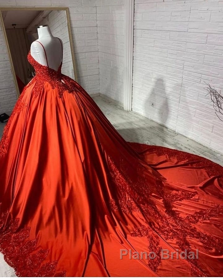 Charming Spaghetti Straps V Neck Aline Wedding Dress Orange Floral Appliques Main image
