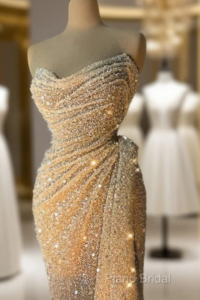 Charming Strapless V-Neck Crystal Sequins Draped Mermaid Formal Prom Dresses