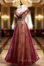 Charming Tulle Cap Sleeves Long New Party Gown, Formal Prom Dresses