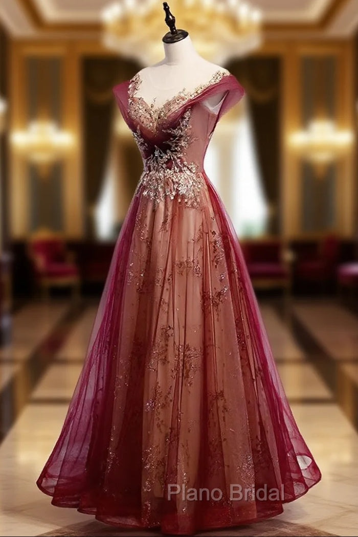 Charming Tulle Cap Sleeves Long New Party Gown, Formal Prom Dresses
