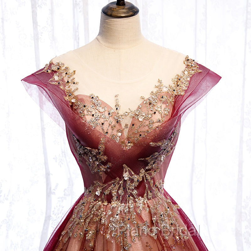 Charming Tulle Cap Sleeves Long New Party Gown, Formal Prom Dresses
