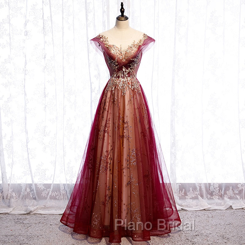 Charming Tulle Cap Sleeves Long New Party Gown, Formal Prom Dresses