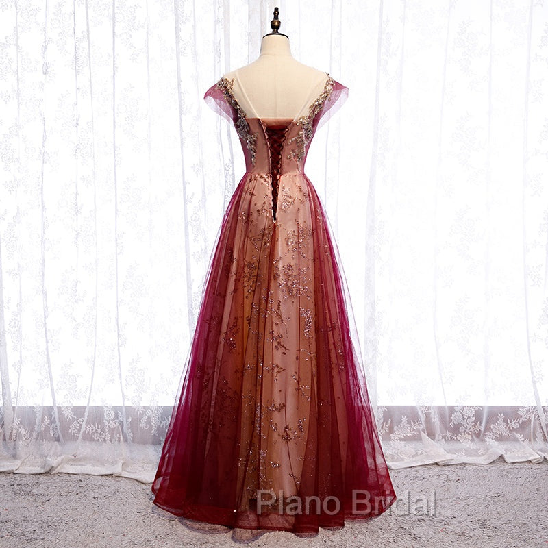 Charming Tulle Cap Sleeves Long New Party Gown, Formal Prom Dresses