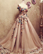 Charming Tulle Evening Dresses 3D Flowers Embroidery Formal Prom Gowns