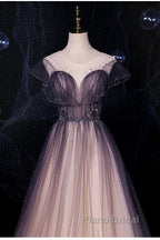 Charming Tulle Gradient Cap Sleeves Long Party Dresses, A-Line Evening Gown