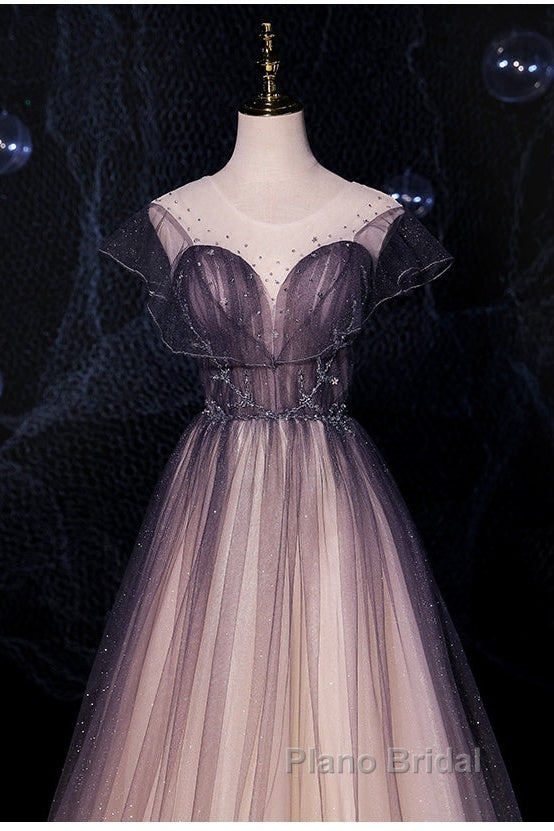 Charming Tulle Gradient Cap Sleeves Long Party Dresses, A-Line Evening Gown Secondary image
