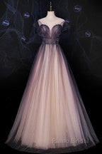 Charming Tulle Gradient Cap Sleeves Long Party Dresses, A-Line Evening Gown