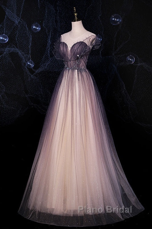Charming Tulle Gradient Cap Sleeves Long Party Dresses, A-Line Evening Gown