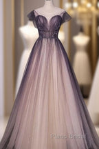 Charming Tulle Gradient Cap Sleeves Long Party Dresses, A-Line Evening Gown