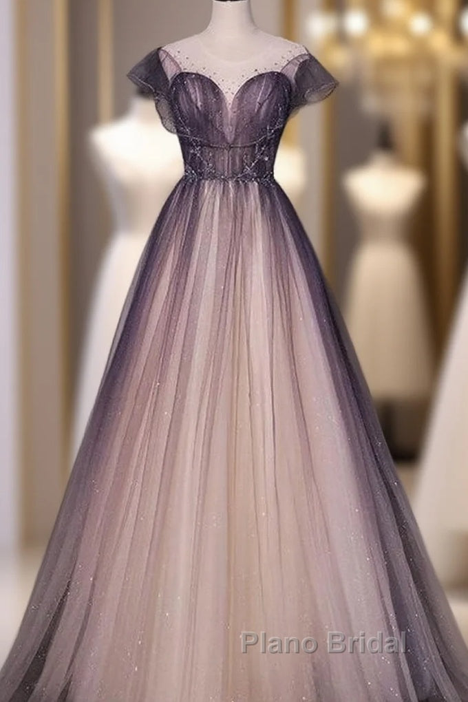 Charming Tulle Gradient Cap Sleeves Long Party Dresses, A-Line Evening Gown