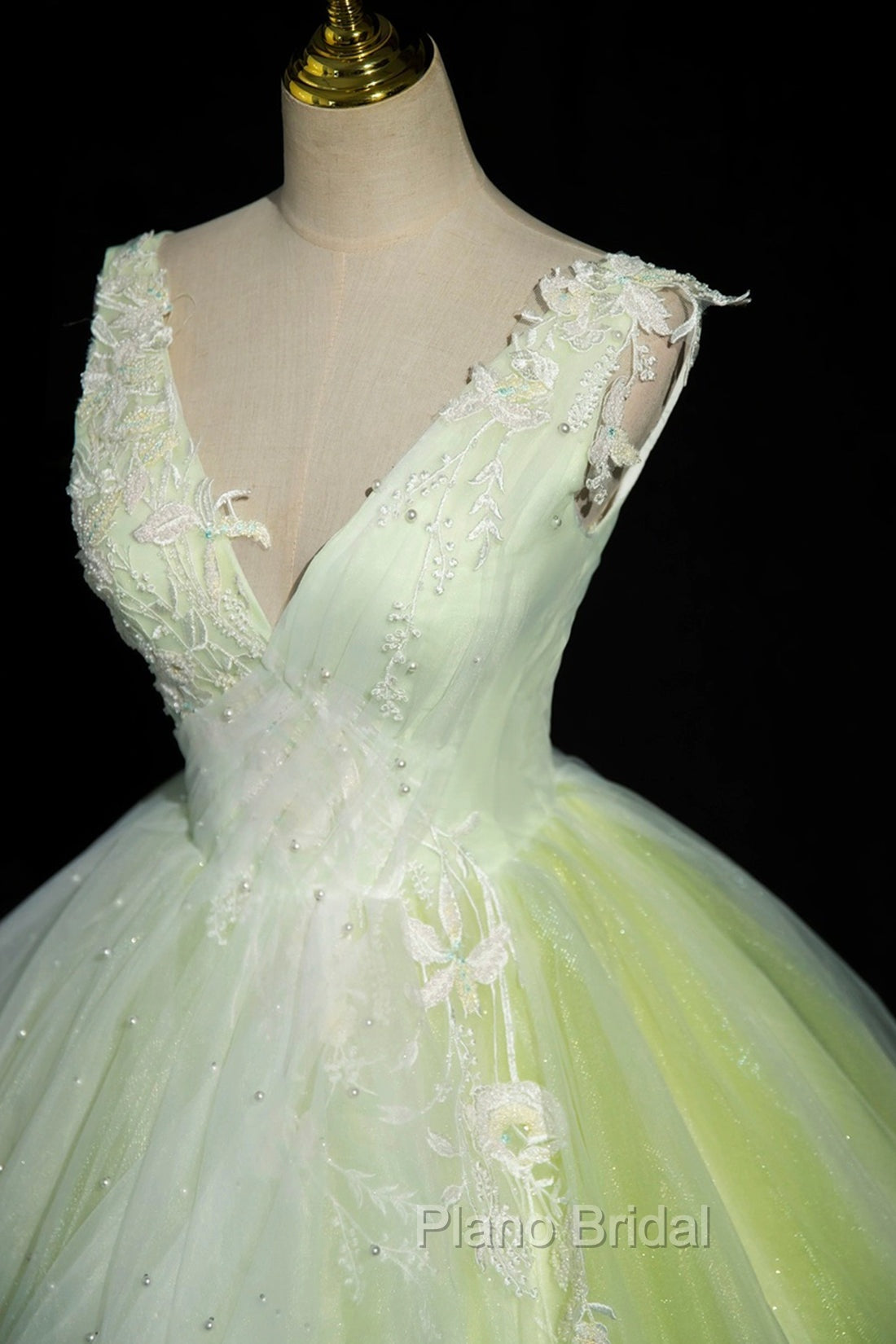 Charming Tulle Lace Green Formal Prom Dresses, V-Neck Sleeveless Floor-Length Formal Evening Dresses