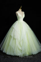 Charming Tulle Lace Green Formal Prom Dresses, V-Neck Sleeveless Floor-Length Formal Evening Dresses