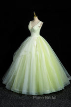 Charming Tulle Lace Green Formal Prom Dresses, V-Neck Sleeveless Floor-Length Formal Evening Dresses