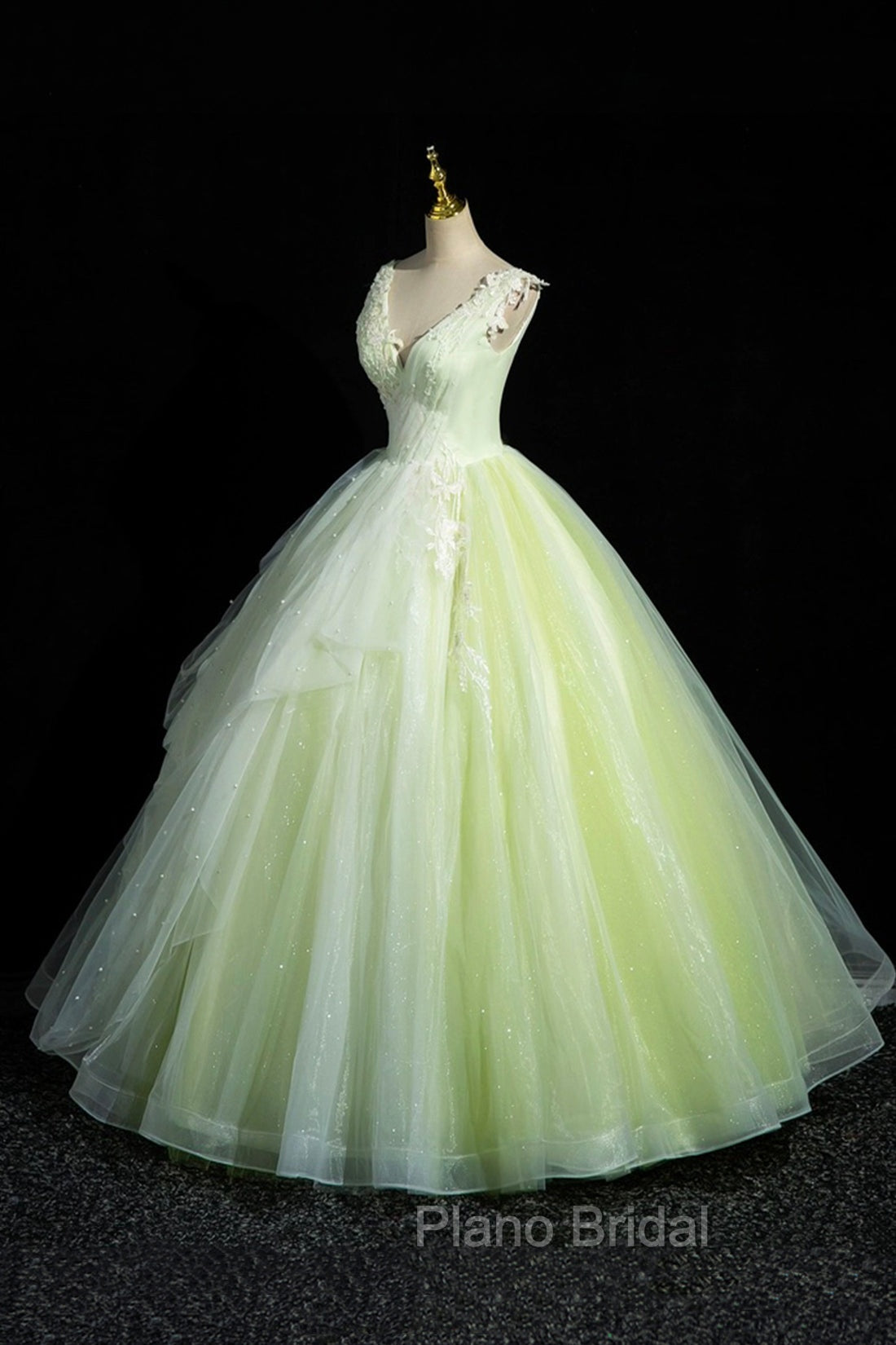 Charming Tulle Lace Green Formal Prom Dresses, V-Neck Sleeveless Floor-Length Formal Evening Dresses