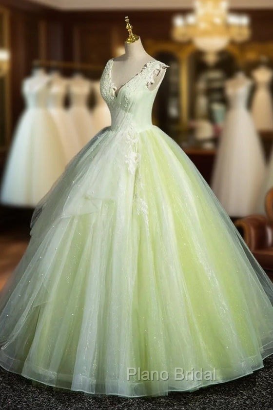 Charming Tulle Lace Green Formal Prom Dresses, V-Neck Sleeveless Floor-Length Formal Evening Dresses