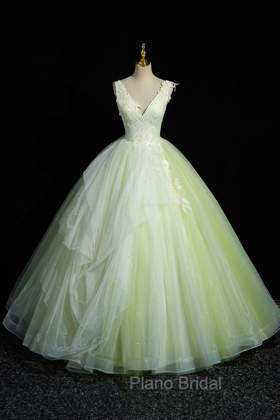 Charming Tulle Lace Green Formal Prom Dresses, V-Neck Sleeveless Floor-Length Formal Evening Dresses
