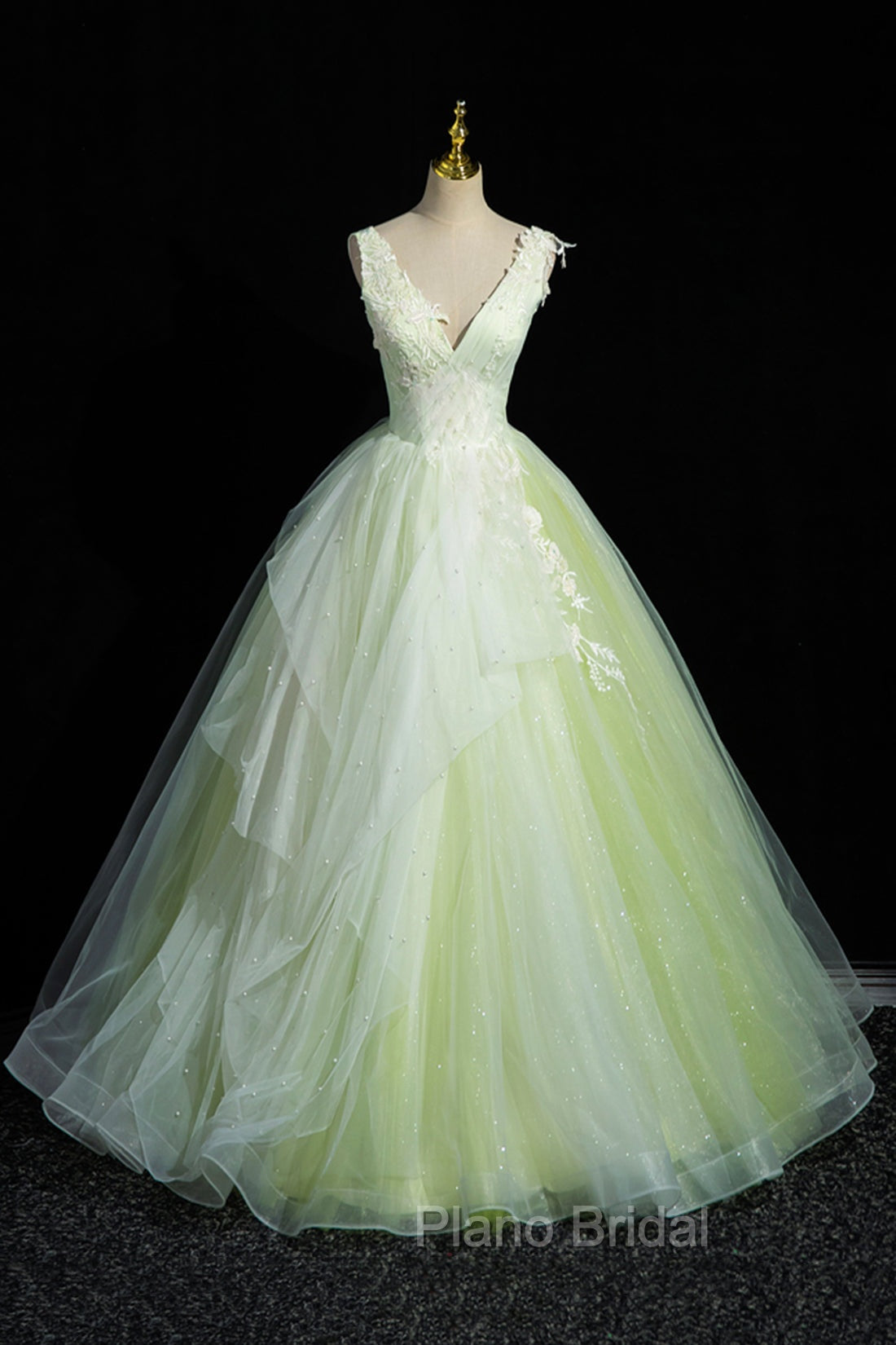 Charming Tulle Lace Green Formal Prom Dresses, V-Neck Sleeveless Floor-Length Formal Evening Dresses
