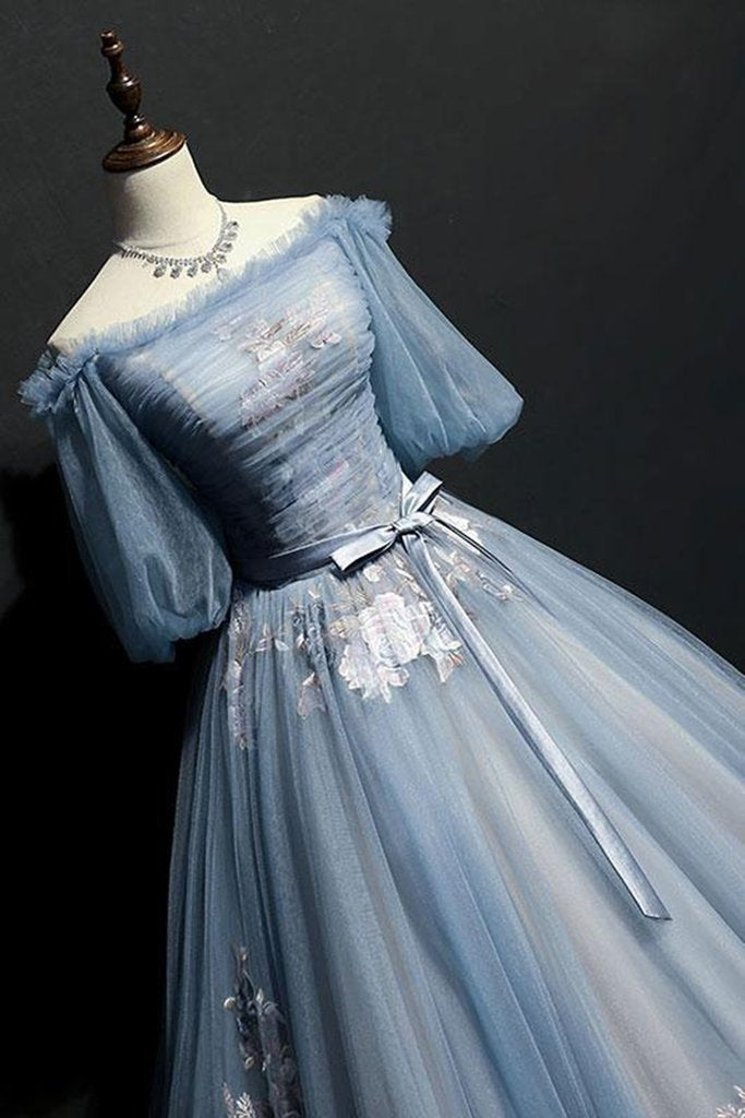 Charming Tulle Puffy Sleeves Long Formal Gown, Formal Prom Dresses