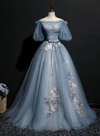 Charming Tulle Puffy Sleeves Long Formal Gown, Formal Prom Dresses