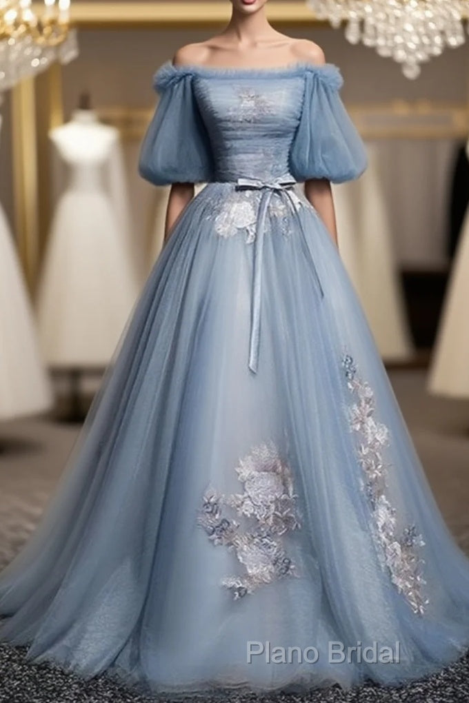 Charming Tulle Puffy Sleeves Long Formal Gown, Formal Prom Dresses Main image