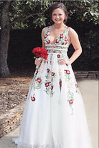 Charming V Neck A Line Formal Prom Dresses With Embroidery, Open Back Formal Evening Dresses