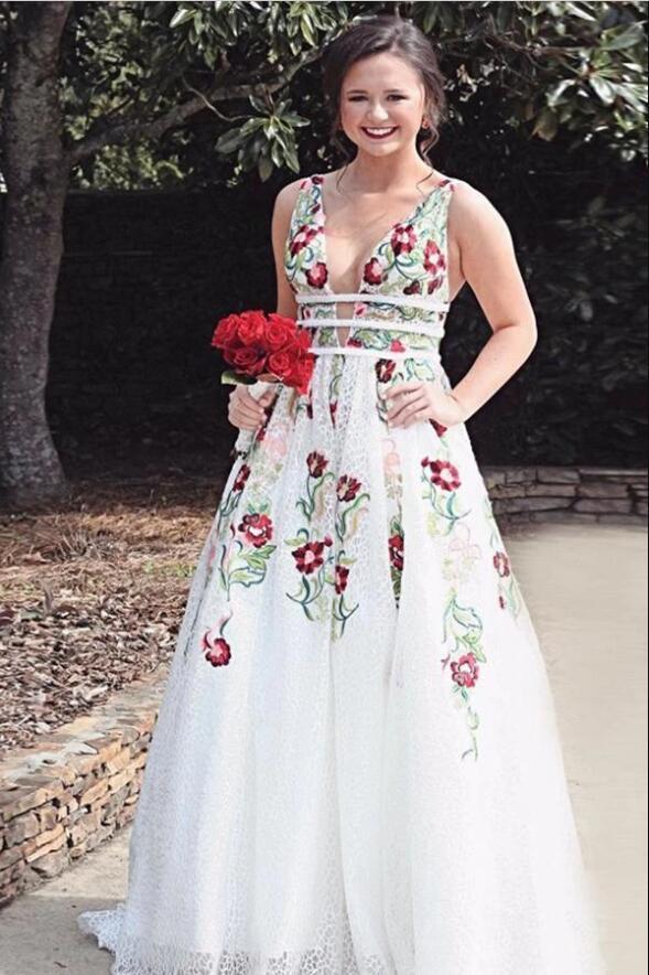 Charming V Neck A Line Formal Prom Dresses With Embroidery, Open Back Formal Evening Dresses