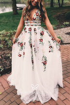 Charming V Neck A Line Formal Prom Dresses With Embroidery, Open Back Formal Evening Dresses