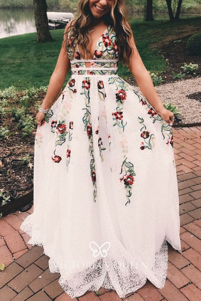 Charming V Neck A Line Formal Prom Dresses With Embroidery, Open Back Formal Evening Dresses