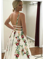 Charming V Neck A Line Formal Prom Dresses With Embroidery, Open Back Formal Evening Dresses