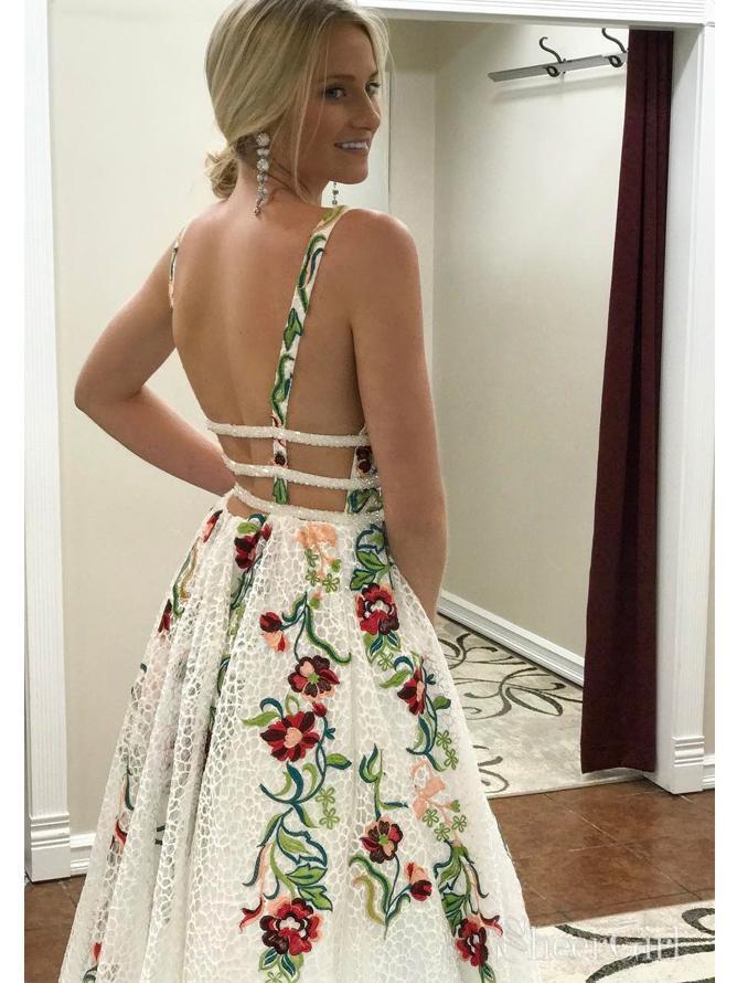Charming V Neck A Line Formal Prom Dresses With Embroidery, Open Back Formal Evening Dresses