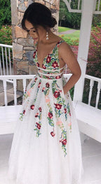 Charming V Neck A Line Formal Prom Dresses With Embroidery, Open Back Formal Evening Dresses