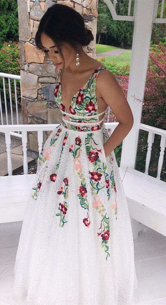 Charming V Neck A Line Formal Prom Dresses With Embroidery, Open Back Formal Evening Dresses