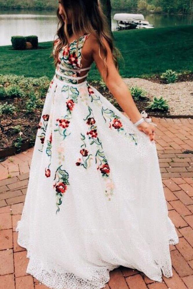 Charming V Neck A Line Formal Prom Dresses With Embroidery, Open Back Formal Evening Dresses