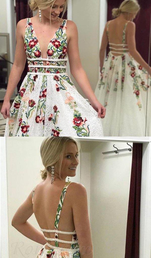 Charming V Neck A Line Formal Prom Dresses With Embroidery, Open Back Formal Evening Dresses