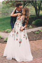 Charming V Neck A Line Formal Prom Dresses With Embroidery, Open Back Formal Evening Dresses