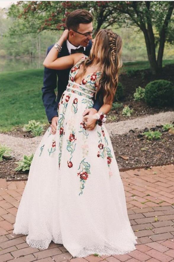 Charming V Neck A Line Formal Prom Dresses With Embroidery, Open Back Formal Evening Dresses