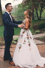 Charming V Neck Floral Embroidery Long Lace Formal Prom Dresses With Pocket