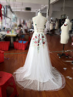 Charming V Neck Floral Embroidery Long Lace Formal Prom Dresses With Pocket