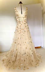 Charming V-Neck Floral Long Formal Prom Dresses, Formal Evening Dresses