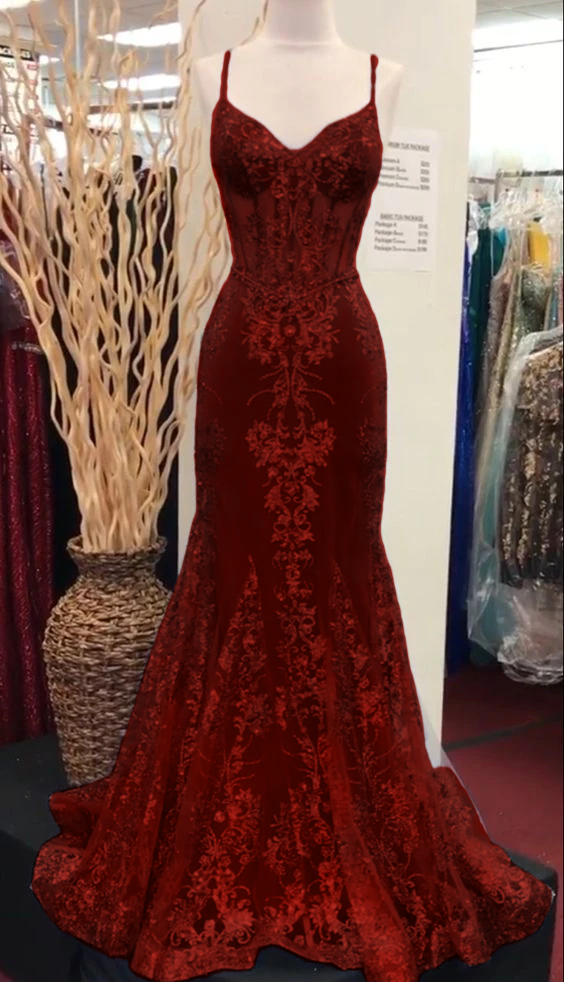 Charming V Neck Lace Mermaid Formal Prom Dresses Long Formal Evening Dresses